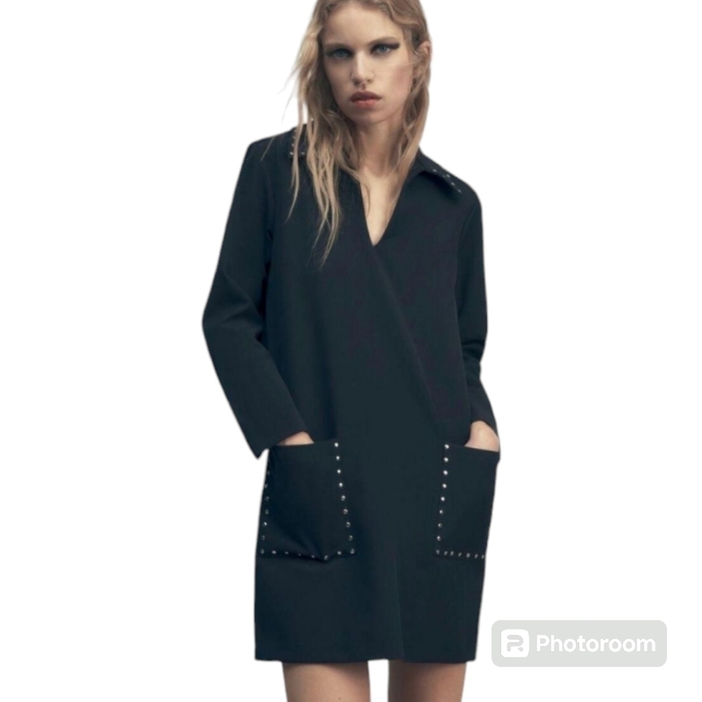 Zara Black with metal stud applique trim neck and pockets mini dress size X-Smal